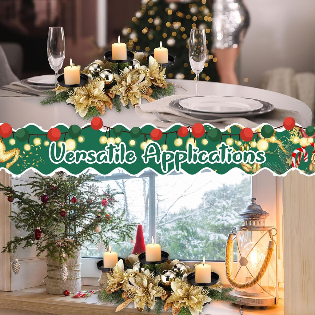 Regine Switzerland Christmas Table Centerpiece - 3 Candle Holders with Gold Poinsettia & Pinecones | Festive Ornaments for Holiday Decor