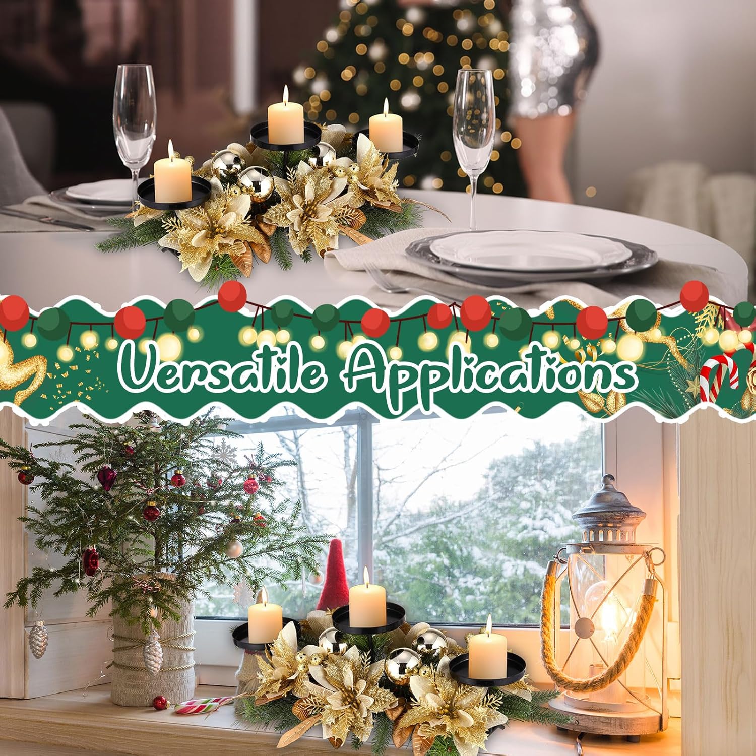 Regine Switzerland Christmas Table Centerpiece - 3 Candle Holders with Gold Poinsettia & Pinecones | Festive Ornaments for Holiday Decor