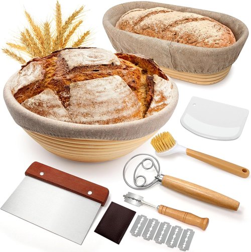 **Sourdough Proofing Basket Gift Set - 9" Round & 10" Oval Banneton with Bread Lame & Accessories**