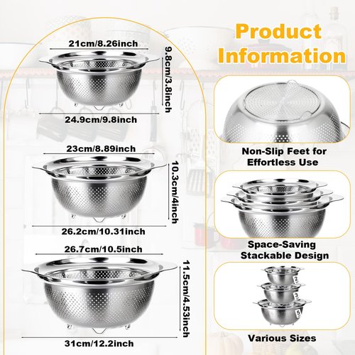 3 Pcs Stainless Steel Colander Strainer Set Metal Colander for Kitchen Pasta Strainer for Rice Food Fruits Spaghetti Vegetables (2QT, 3QT, 5QT)