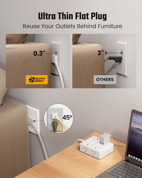 10Ft Extension Cord - Flat Plug Surge Protector Power Strip with 8 Outlets & 4 USB Ports | Ideal for Home Office & Dorm Room