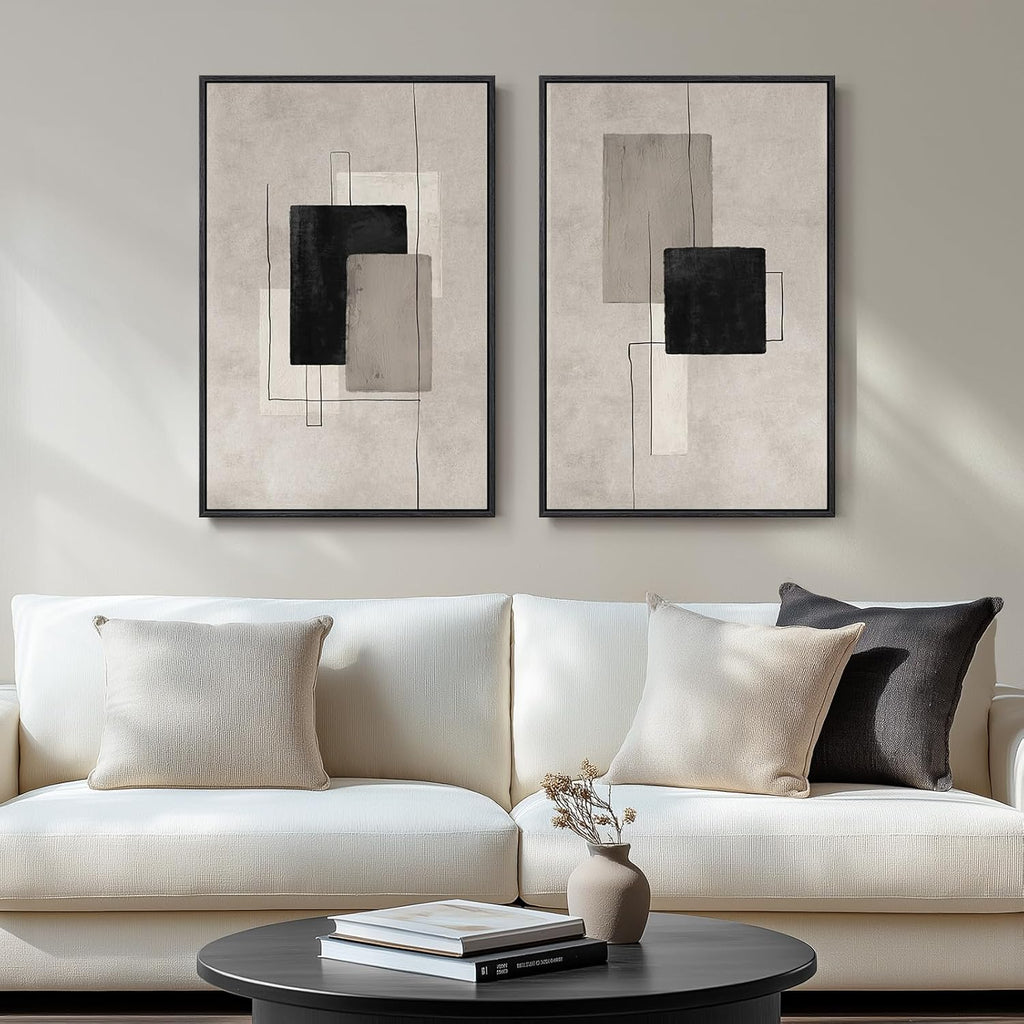 Neutral Abstract Wall Art Set by [Brand Name] - Large Black & Beige Canvas Prints for Living Room | 24x36 In