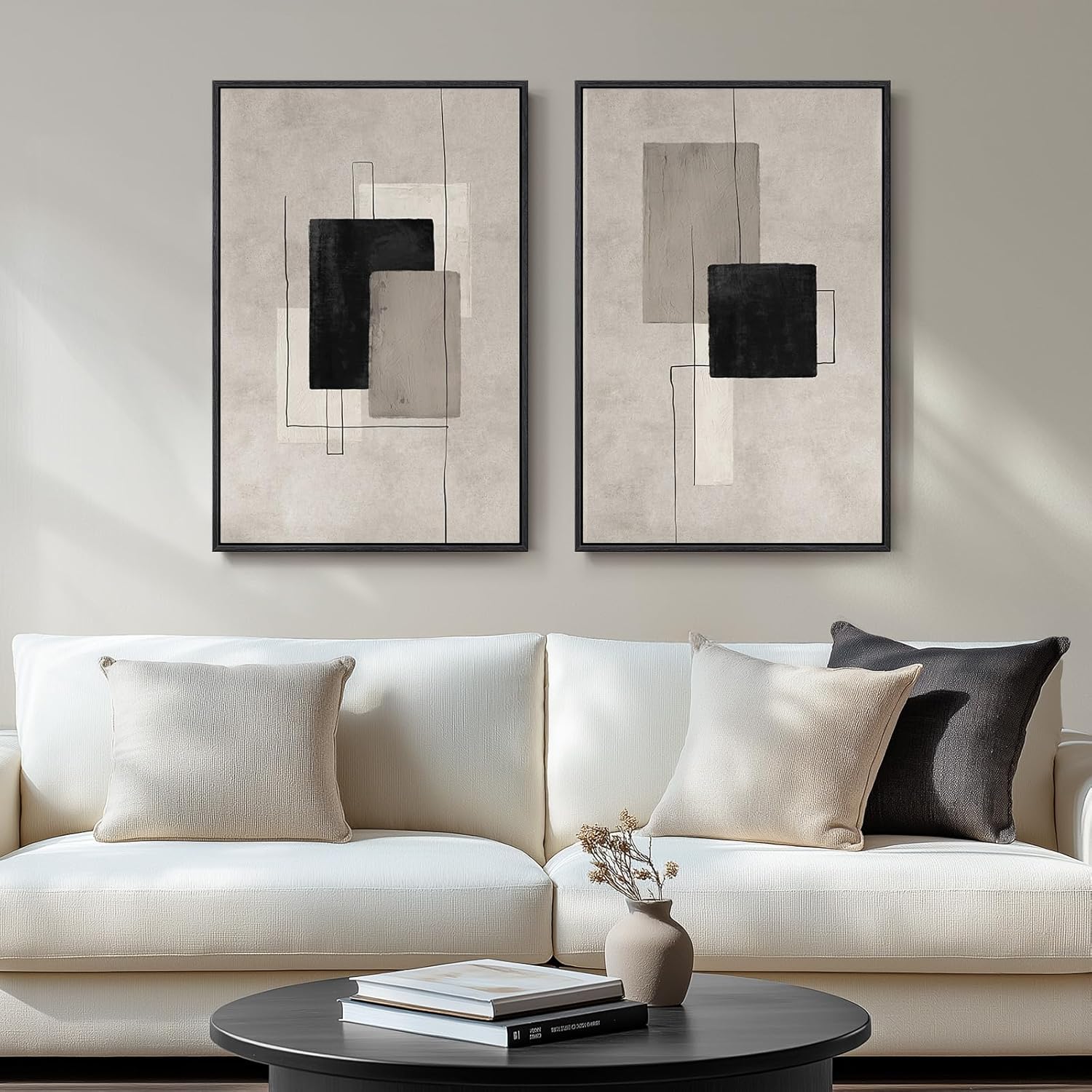 Neutral Abstract Wall Art Set by [Brand Name] - Large Black & Beige Canvas Prints for Living Room | 24x36 In