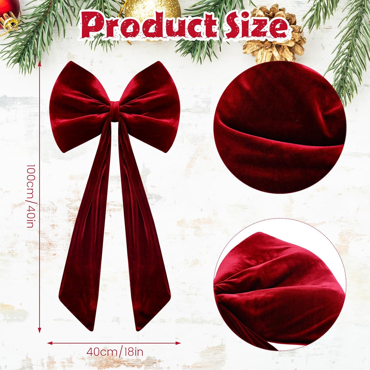 Skiennix Large Velvet Red Bow - 40x18 Inch Giant Tree Topper Ribbon | 3D Wall Decor for Parties & Events (Wine Red)