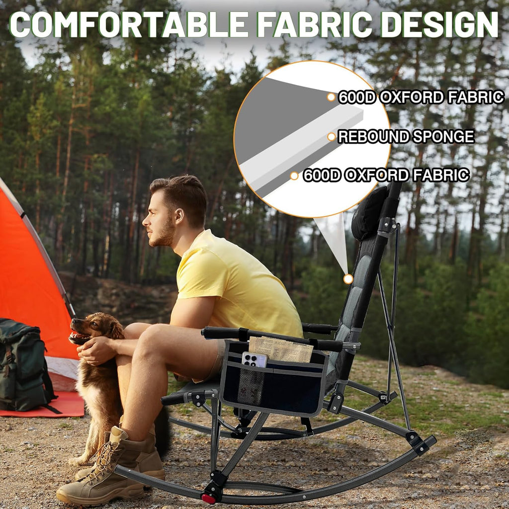 Skiennix Oversized Rocking Camping Chair - 13.8" High Seat with Foot Rest & Headrest, Supports 300 lbs | Portable Folding Design