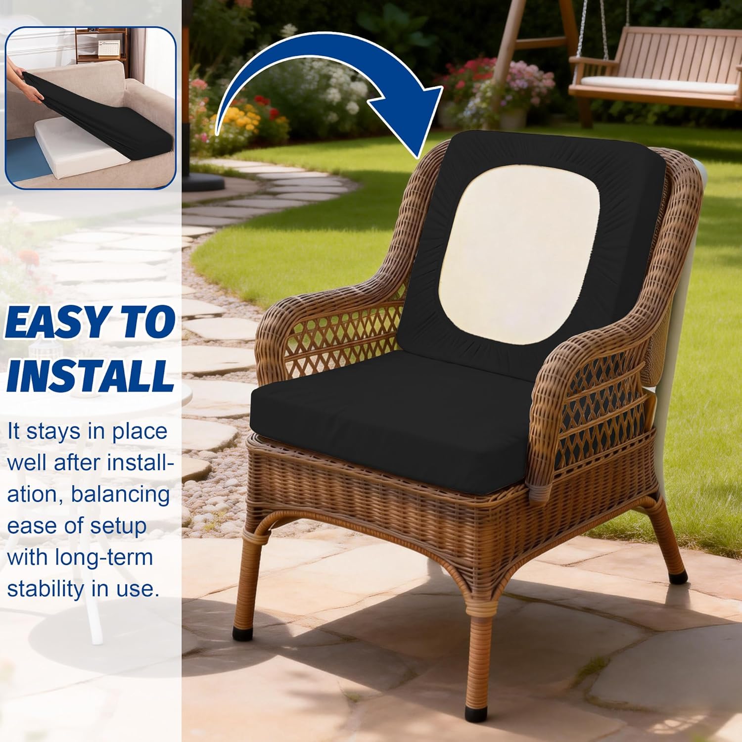 Skiennix Patio Stretch Cushion Covers - Washable Outdoor Sofa Slipcovers for 4 Cushions | Black