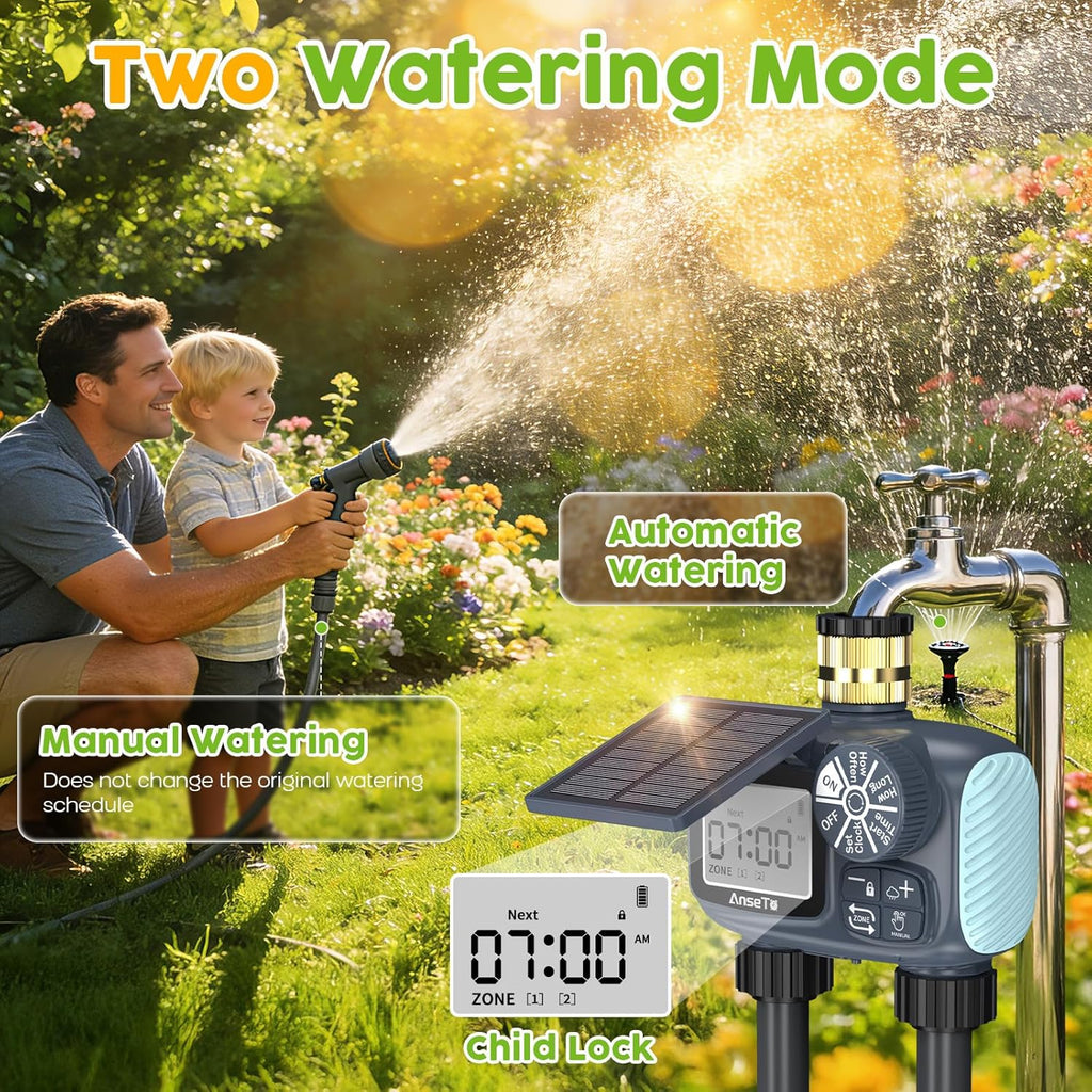 Skiennix Solar Sprinkler Timer - Programmable Brass Inlet Hose Timer for Efficient Garden Watering | 2 Outlets