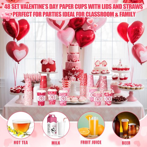 Jingmore 48 Sets 16oz Disposable Paper Coffee Cups with Lids Sleeves Straws Holiday Paper Drinking Cups Bulk for Hot Cold Beverages Home Business Cafe Birthday Party Supplies (Hearts)