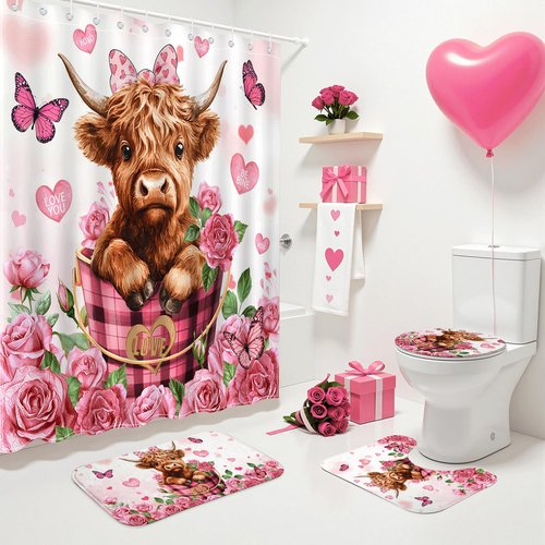 Valentines Shower Curtain Set Red Floral Sweet Love Hearts Shower Curtain with Non-Slip Bath Rugs, Toilet Lid Cover Cute Highland Cow Valentines Bathroom Decor Set (Pink, 72"W x 72"L (Pack of 1))