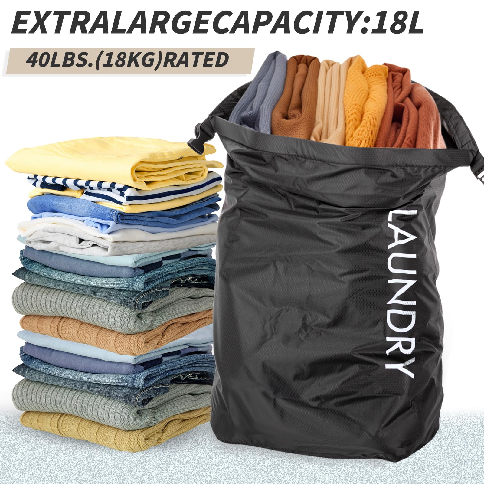 Travel Laundry Bag, Vacuum Compression Dirty Clothes Travel Bag Waterproof Wet Dry Bags Large Capacity Space Saver Bags Reusable Camp Clothes Organizer for Sports College Dorm Laundromat (1 Pcs )Black