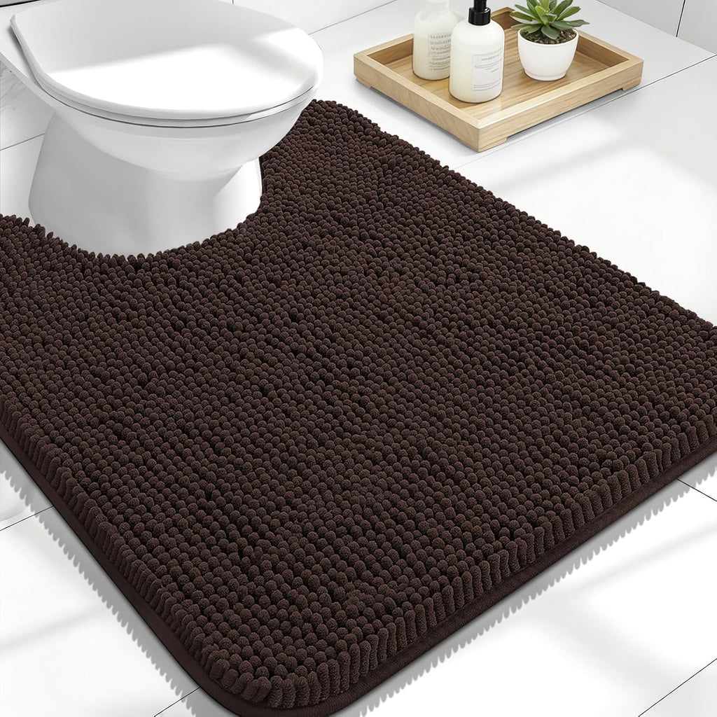 OLANLY U-Shaped Toilet Rug - Extra Soft Chenille, Quick-Dry, Non-Slip Bath Mat | 24x20, Brown