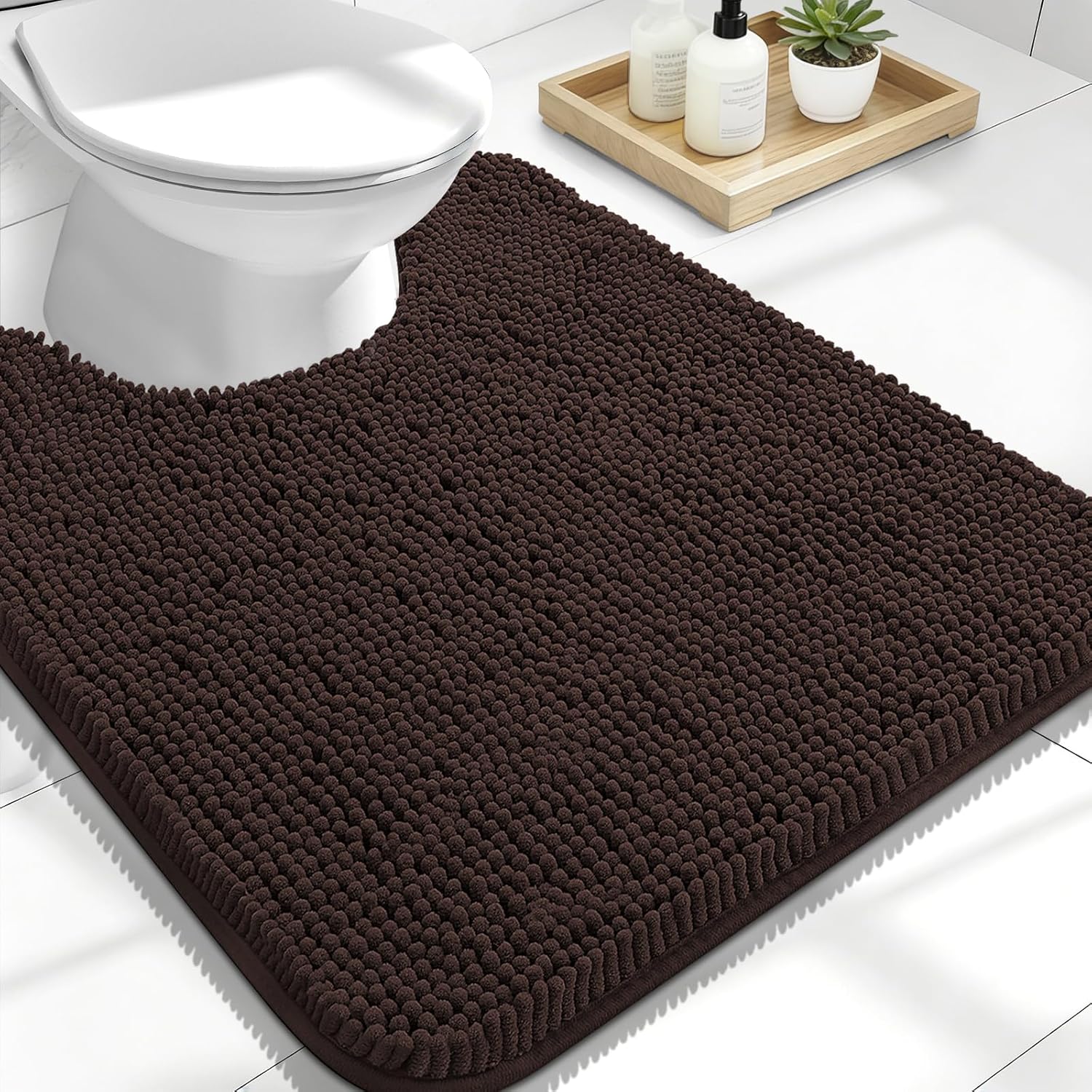 OLANLY U-Shaped Toilet Rug - Extra Soft Chenille, Quick-Dry, Non-Slip Bath Mat | 24x20, Brown