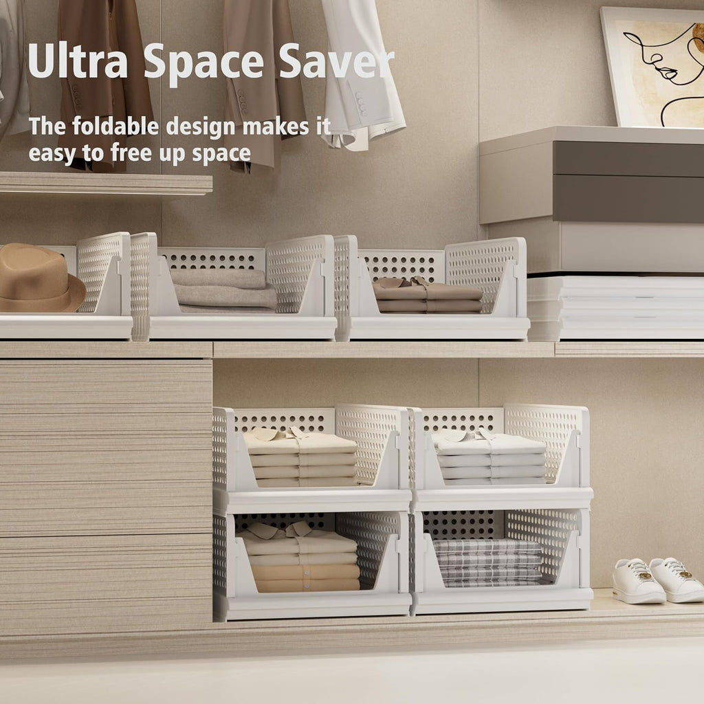 Proarea Stackable Storage Bins - 5 Pack Foldable Closet Organizers for Clothes | White Plastic Drawer Baskets