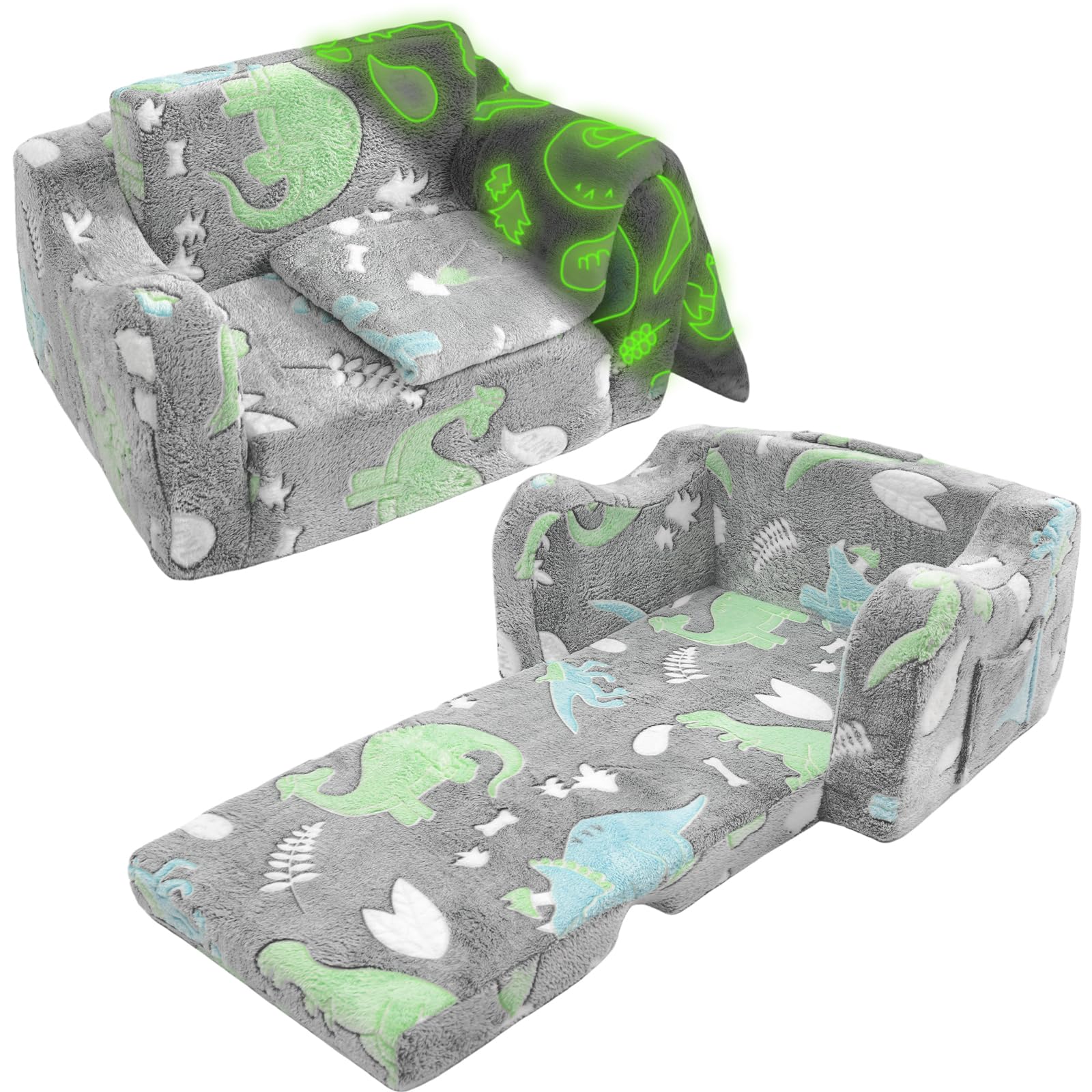 Poakkus 2-in-1 Soft Plush Toddler Couch & Chair – Fold Out Convertible Sofa to Lounger with Blanket, Glow-in-The-Dark Dinosaur Design for Boys & Girls, Playroom/Kids’ Bedroom