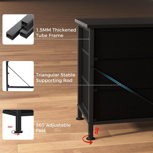 DUMOS TV Stands for Living Room Furniture with 9 Fabric Drawers, Long Entertainment Center Up to 75 Inch TV, Media Console Table with Storage for Bedroom, Adjustable Feet, Black