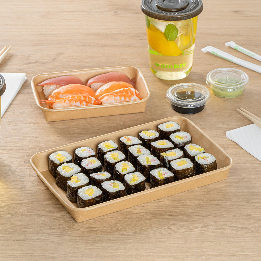 Matsuri Vision 9.5 x 6 x 0.9 Inch Sushi Trays, 100 Greaseproof Sushi Packaging Boxes - Lids Sold Separately, Disposable, Kraft Paper Sushi Containers, For Appetizers Or Desserts - Restaurantware