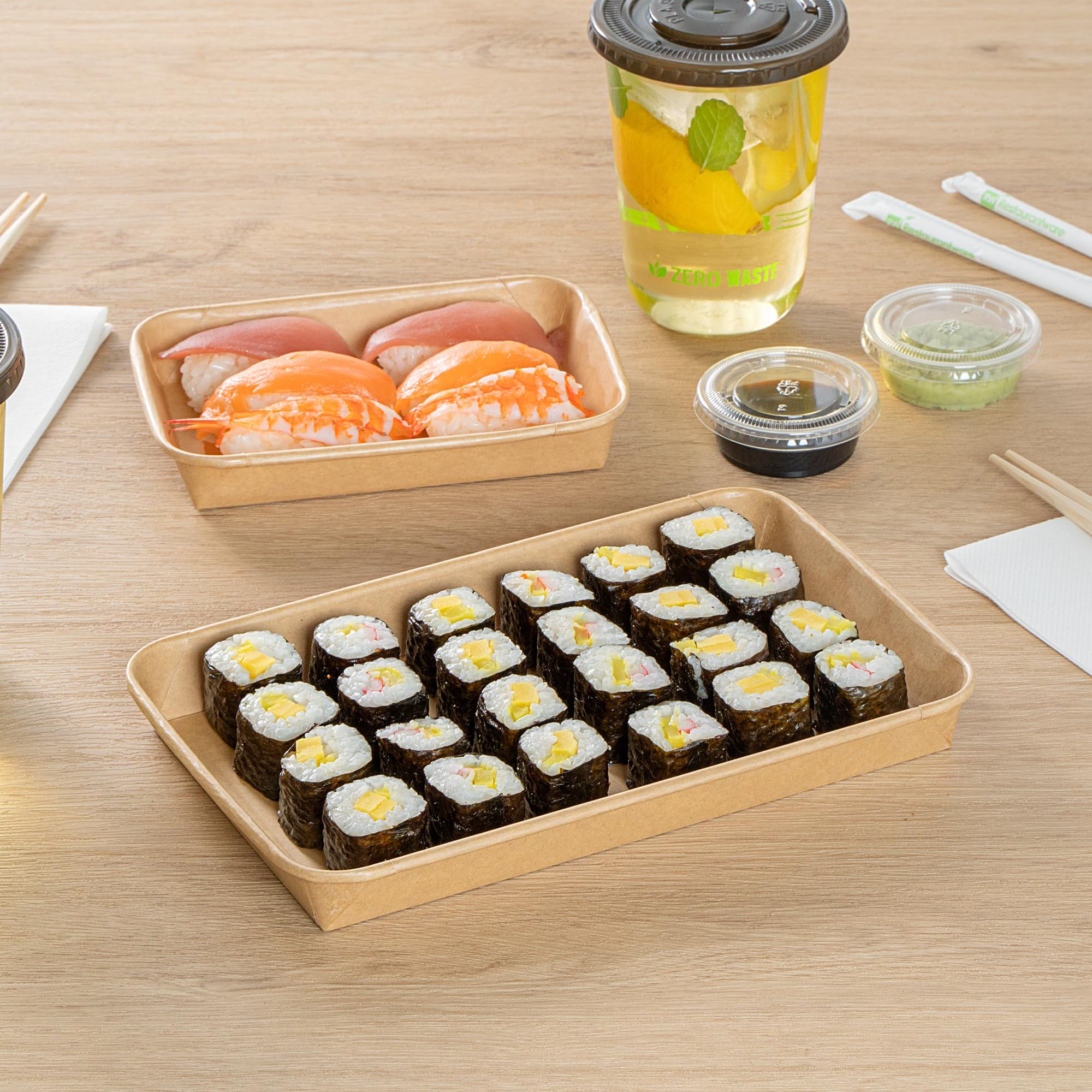Matsuri Vision 9.5 x 6 x 0.9 Inch Sushi Trays, 100 Greaseproof Sushi Packaging Boxes - Lids Sold Separately, Disposable, Kraft Paper Sushi Containers, For Appetizers Or Desserts - Restaurantware