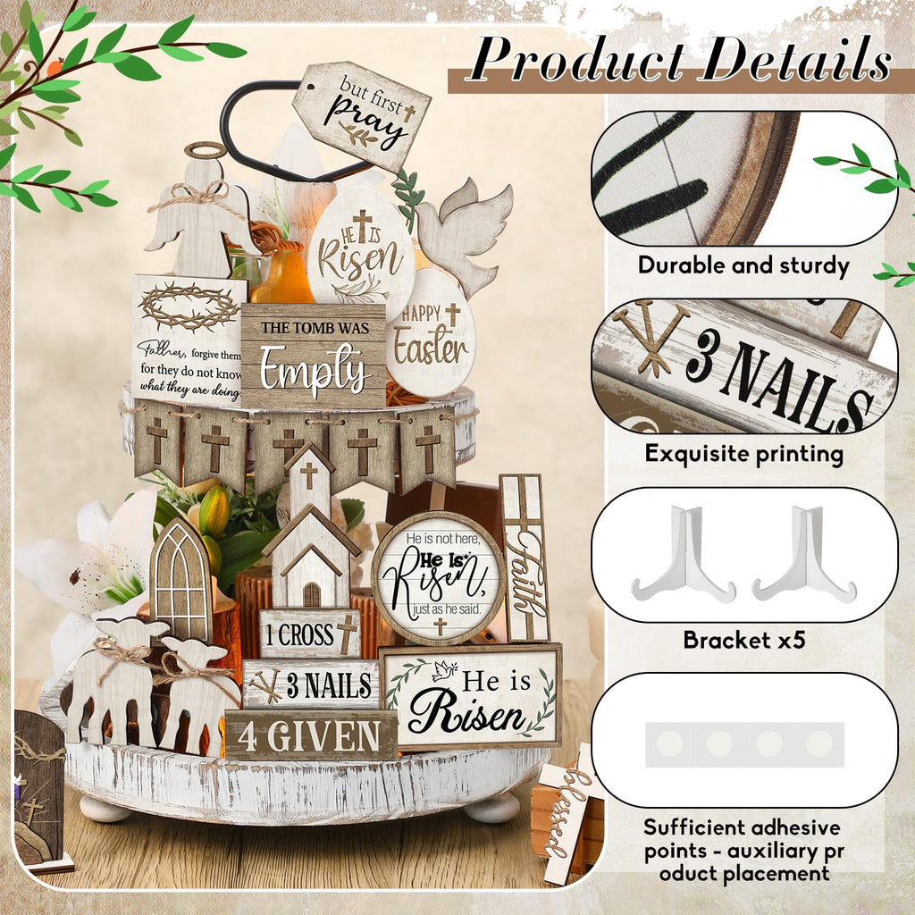 Yuntau 24 Pcs Easter Tiered Tray Decor Religious Easter Decorations He is Risen Cross Tray Decoration Sets Christian Cross Table Wooden Sign Farmhouse Table Decor for Home Kitchen Office Holiday