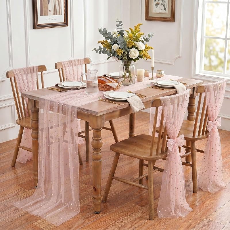 Pink Gold Gauze Table Runner 3pcs - Pink Gold Sparkling Cheesecloth Party Centerpieces (Variation: Pink Gold+29"x120" 3pcs)