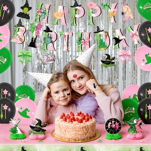 Witch Birthday Decorations Pink Green - Witch Theme Girls Happy Birthday Decorations Include Banner Hanging Swirls Temporary Tattoos Tablecloth Table Centerpieces Balloons for Wlcked Party Decor