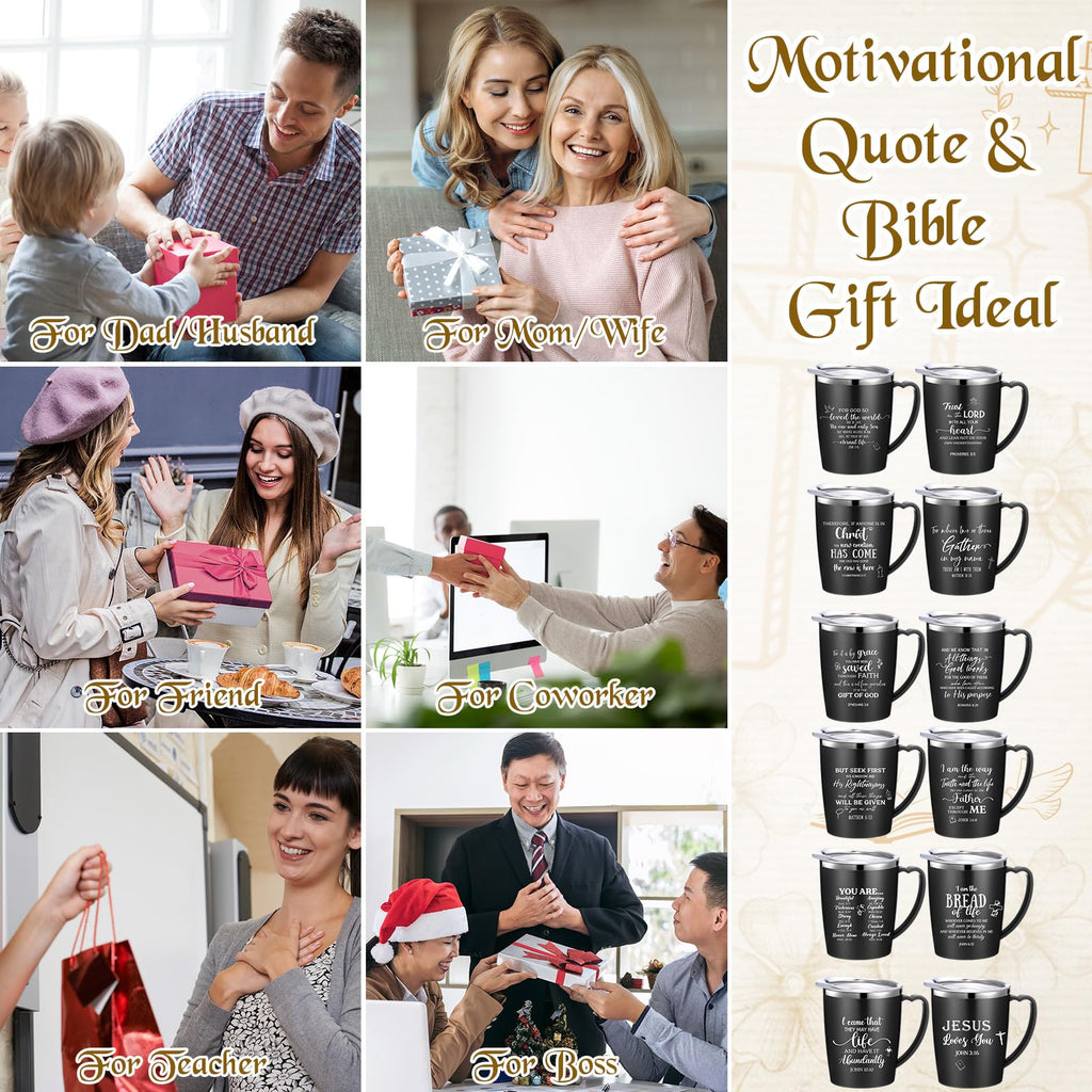 Widecook 12 Pcs Christian Coffee Mugs with Lid and Straw Bible Verse Mother's Day Religious Gifts Tumbler 12 oz Stainless Steel Insulated Inspirational Tumbler for Church Women Men(Black)