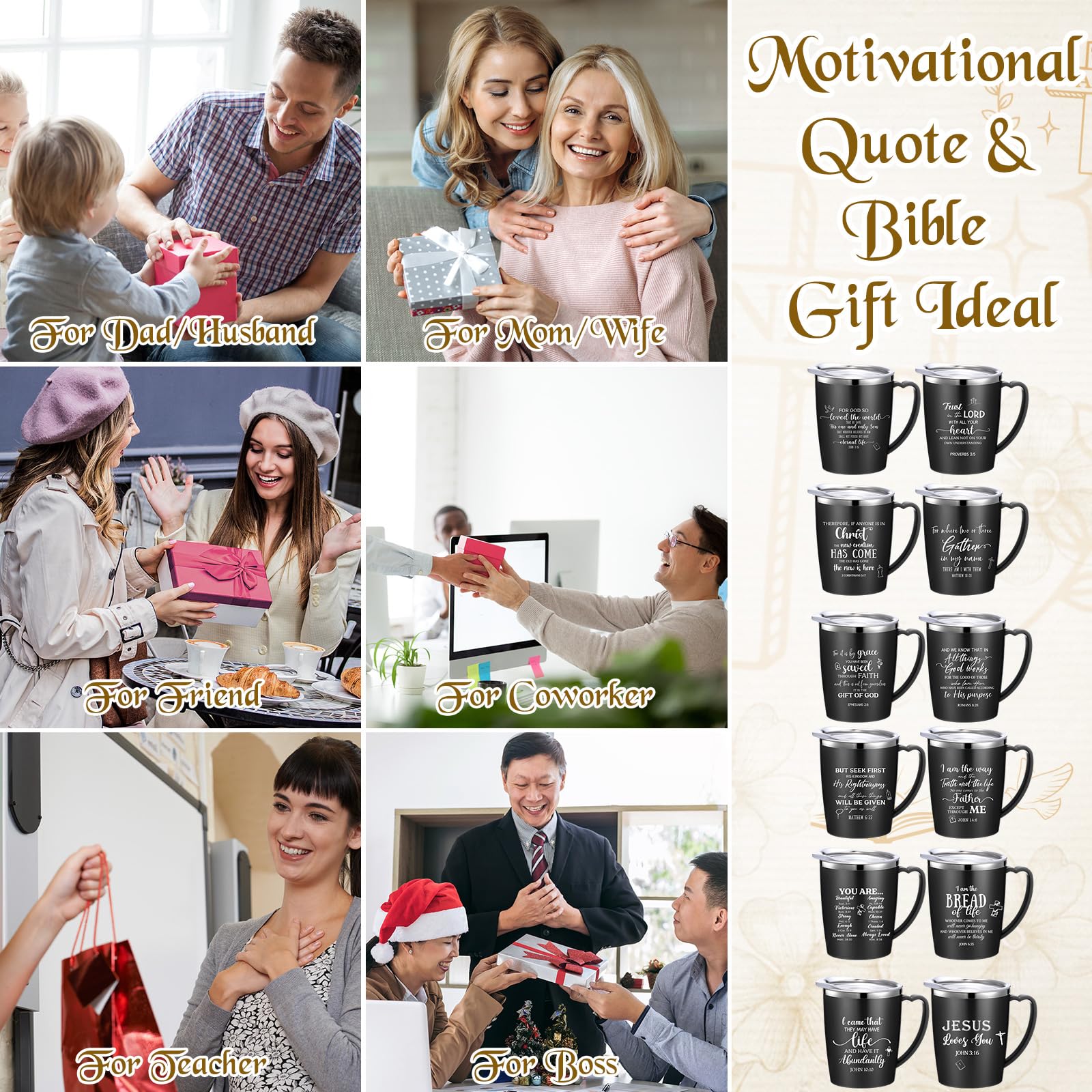 Widecook 12 Pcs Christian Coffee Mugs with Lid and Straw Bible Verse Mother's Day Religious Gifts Tumbler 12 oz Stainless Steel Insulated Inspirational Tumbler for Church Women Men(Black)