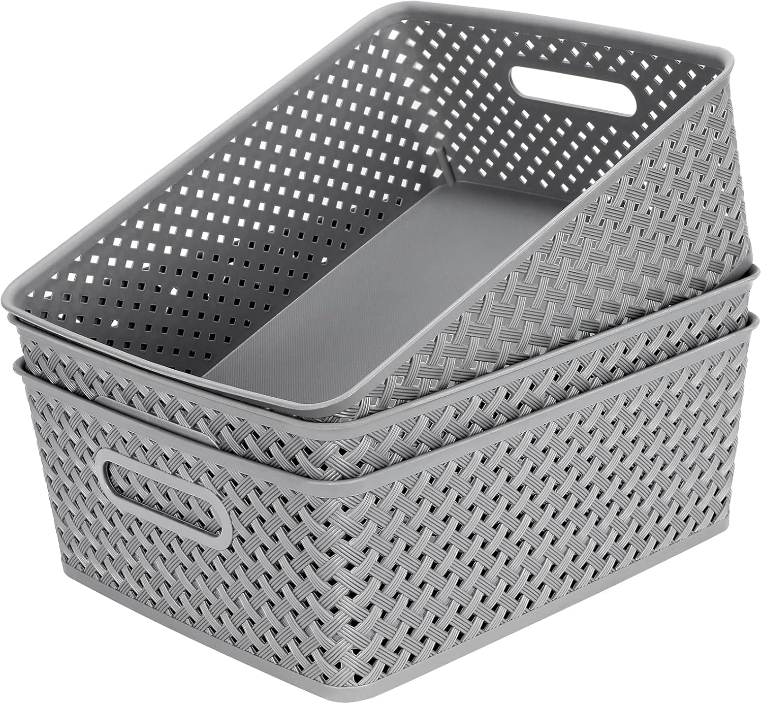 MaxGear Storage Bins - 3-Pack Plastic Organizer Baskets with Handles | Large Grey Woven Design for Home & Office