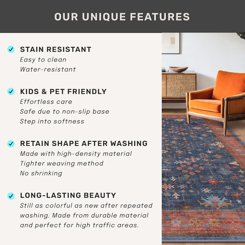 Skiennix Washable 8 Ft Long Runner Rug - Navy Blue Non-Slip, Pet-Friendly & Stain Resistant (2'6"x8')