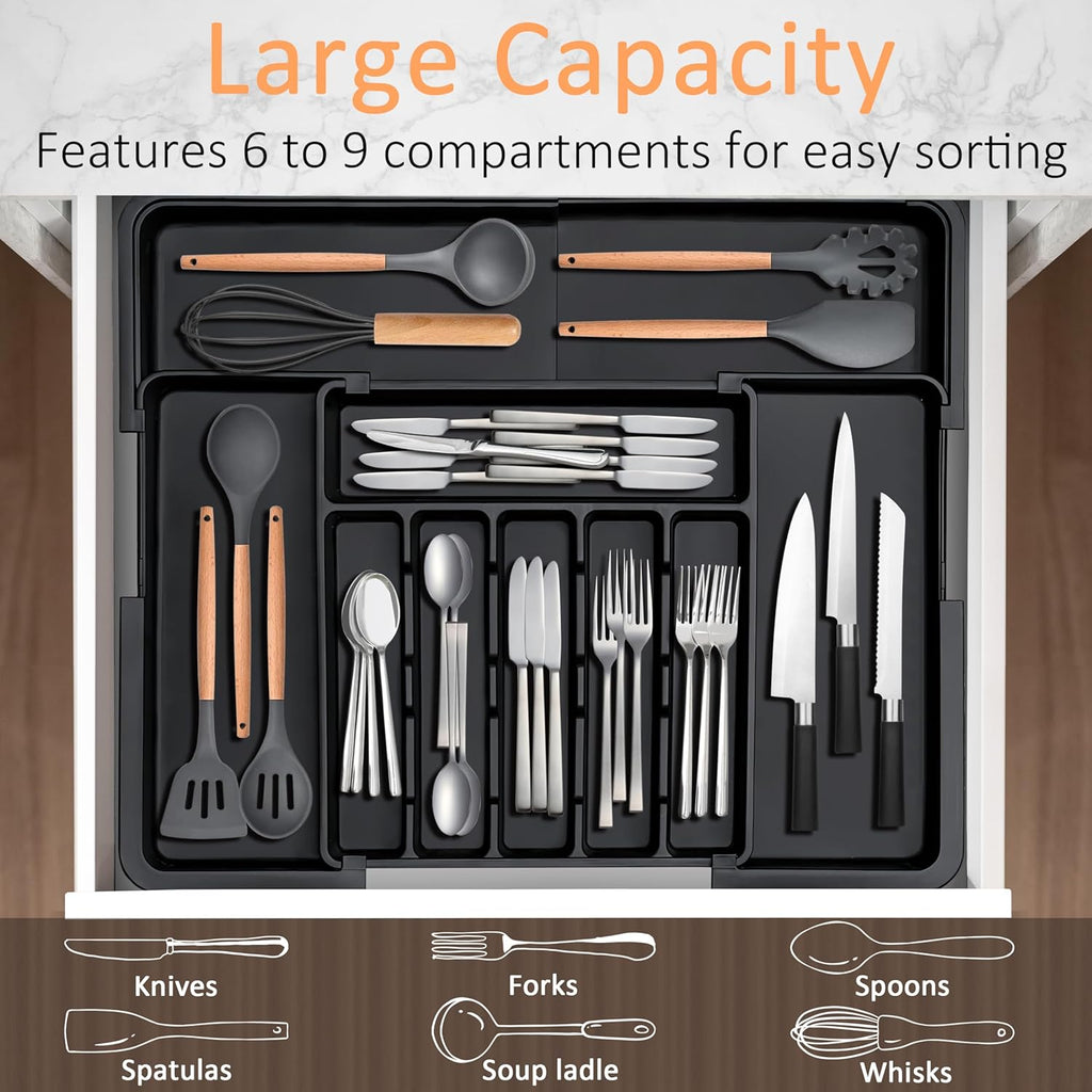 Spaclear Expandable Silverware Organizer - Adjustable BPA-Free Cutlery Tray for Kitchen | 6-9 Slots, Black