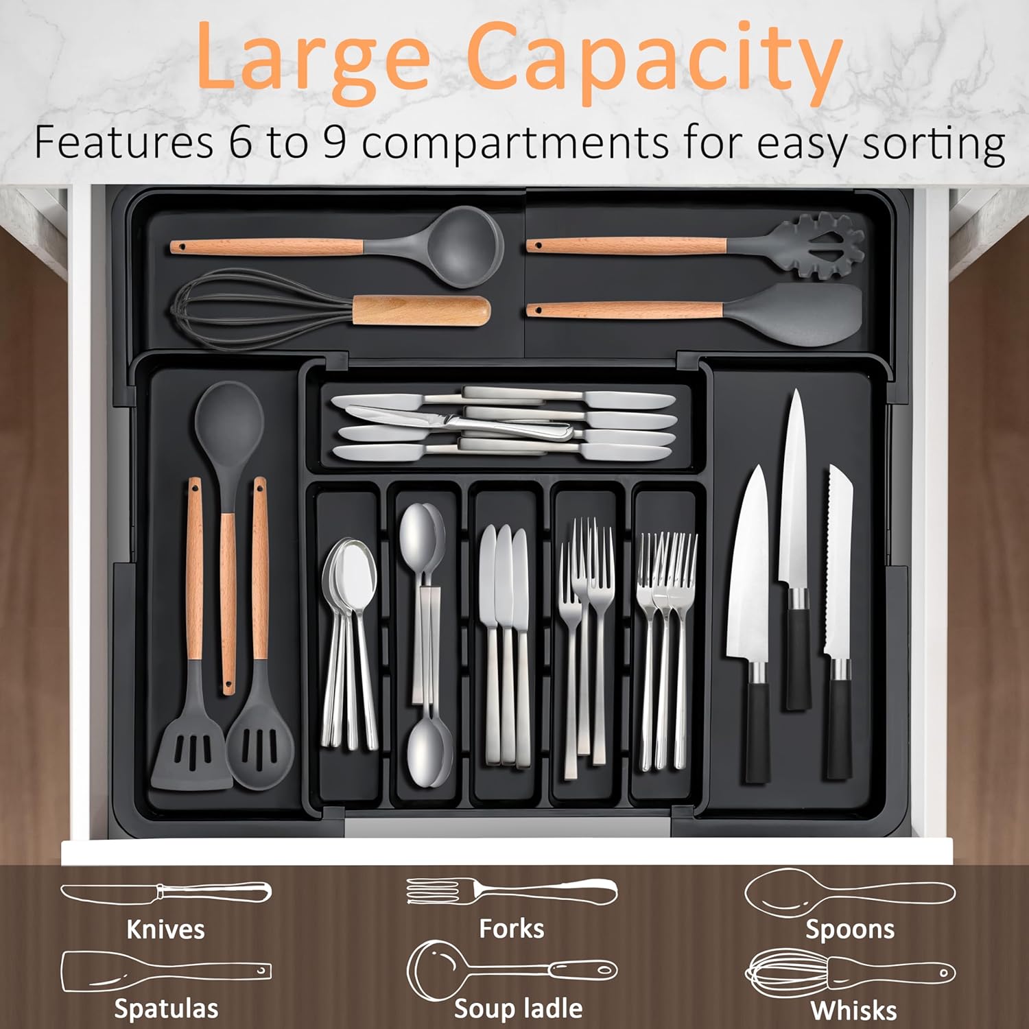 Spaclear Expandable Silverware Organizer - Adjustable BPA-Free Cutlery Tray for Kitchen | 6-9 Slots, Black