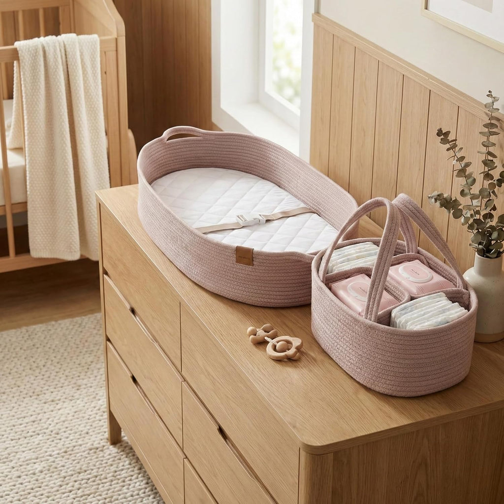 PeraBella XL Baby Changing Basket - Portable Dresser Topper with Waterproof Pad & Diaper Caddy