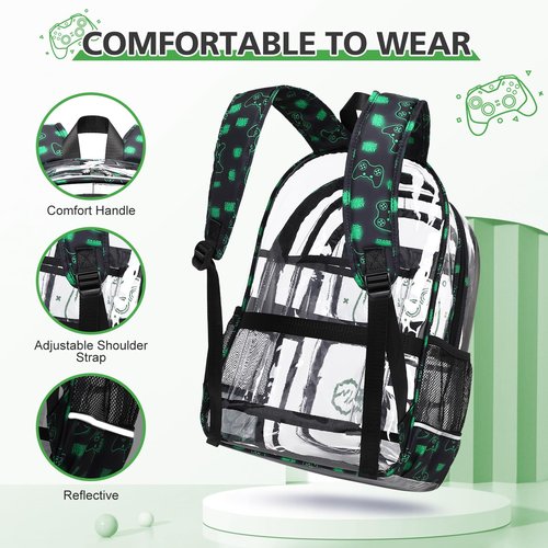 DIGOBAY 3PCS Cool Luminous Clear Backpack for Boys Kids, Gamer Bookbag for School, See Through PVC Transparent Backpacks with Lunch Bag Pencil Case, Clear Backpack Heavy Duty for School Stadium