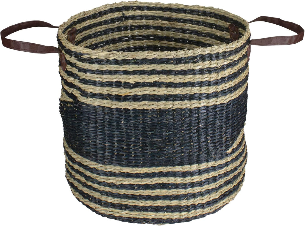 Skiennix 15" Beige & Black Woven Seagrass Basket - Stylish Storage Solution with Handles