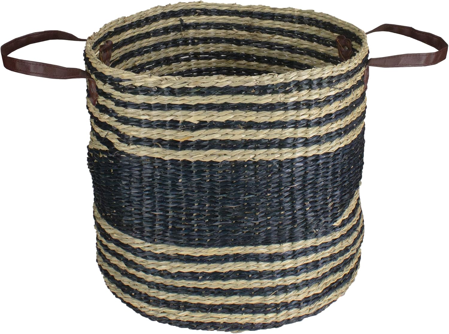 Skiennix 15" Beige & Black Woven Seagrass Basket - Stylish Storage Solution with Handles