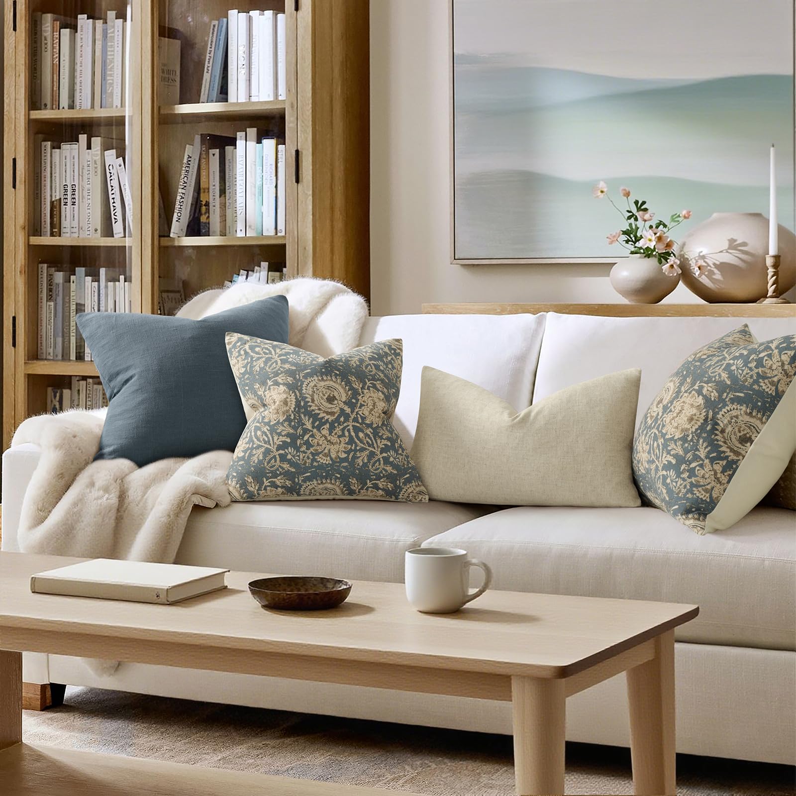 DKwizme Vintage Floral Print Throw Pillow Covers 18x18 Set of 2 Neutral Modern Farmhouse Pillowcase Accent Decorative Cushion Covers Boho Home Decor for Couch Sofa Chair Bed Living Room, Dusty Blue