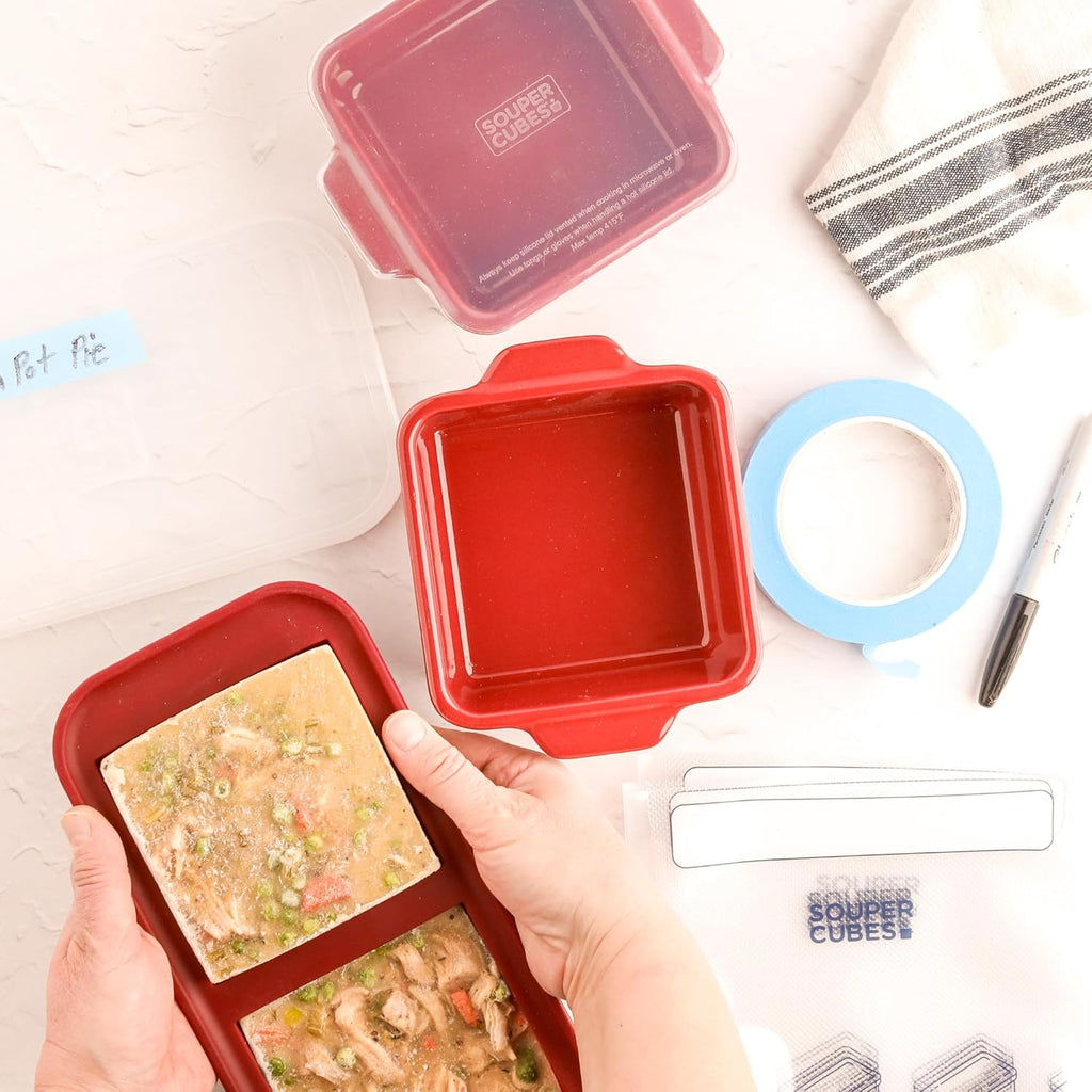 Souper Cubes Stoneware Baking Dishes - Premium 5" x 5" Mini Ceramic Set of 2 with Silicone Covers - Cranberry