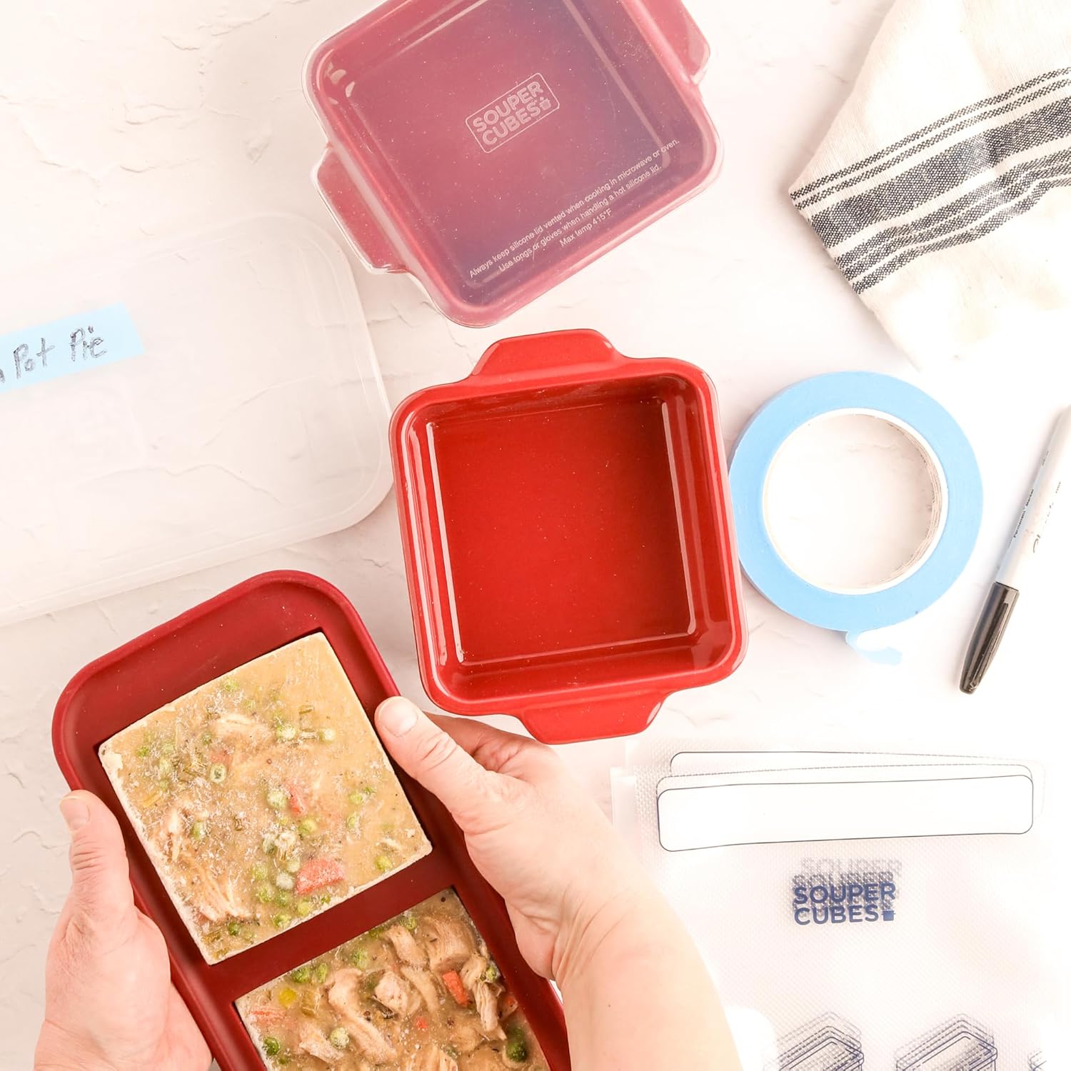 Souper Cubes Stoneware Baking Dishes - Premium 5" x 5" Mini Ceramic Set of 2 with Silicone Covers - Cranberry