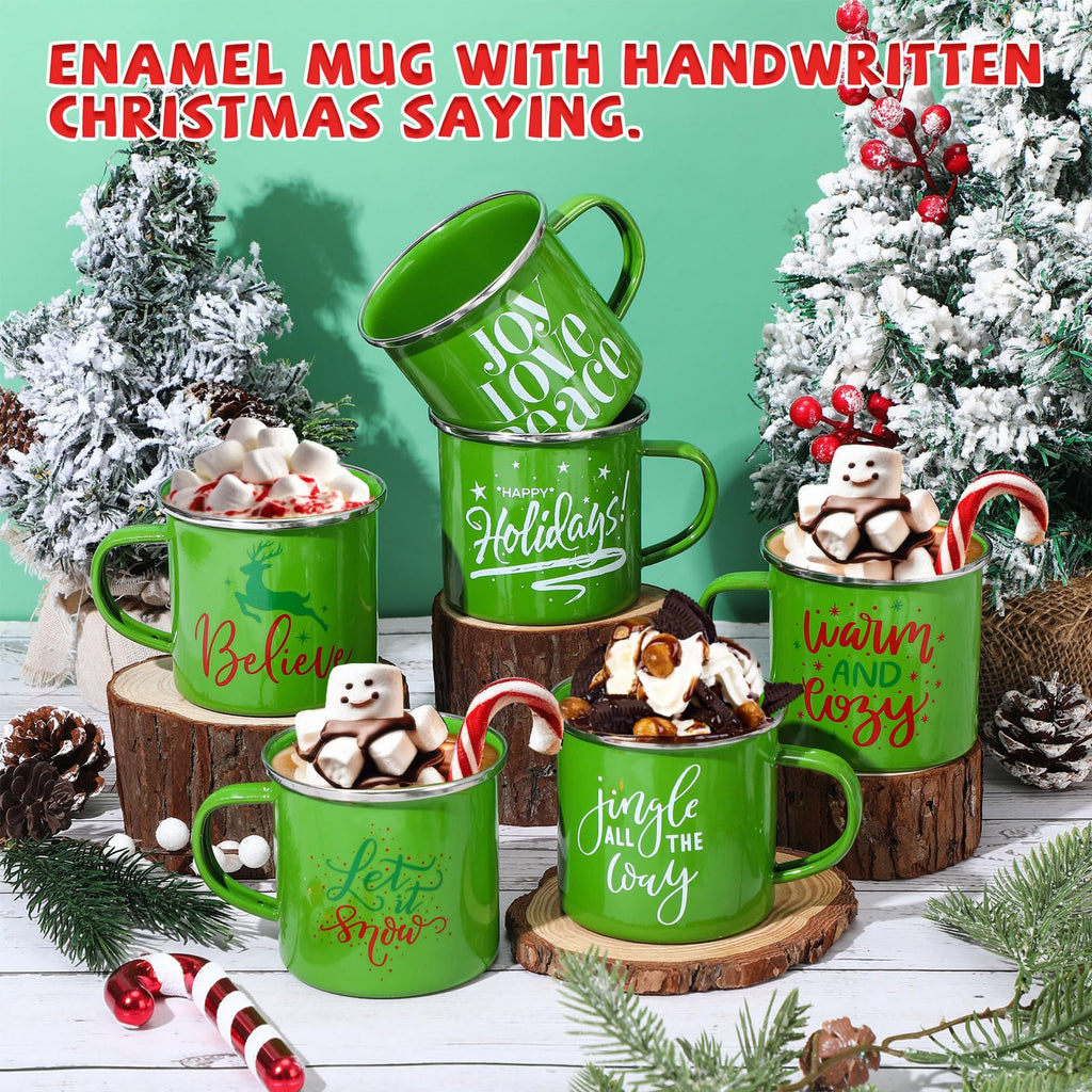 Uiifan 20 Pcs Christmas Enamel Mugs Bulk Cute 12 oz Galvanized Steel Festive Funny Novelty Coffee Cup Merry Christmas Mug Gift Set for Women Coworkers Teachers Hot Chocolate Tea (White Green)