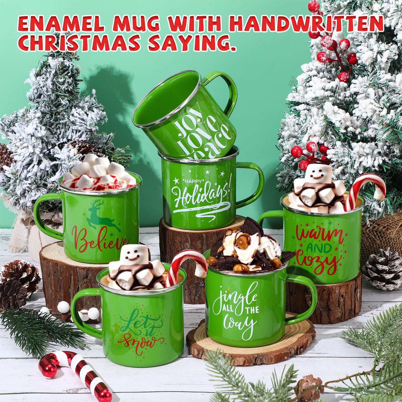 Uiifan 20 Pcs Christmas Enamel Mugs Bulk Cute 12 oz Galvanized Steel Festive Funny Novelty Coffee Cup Merry Christmas Mug Gift Set for Women Coworkers Teachers Hot Chocolate Tea (White Green)