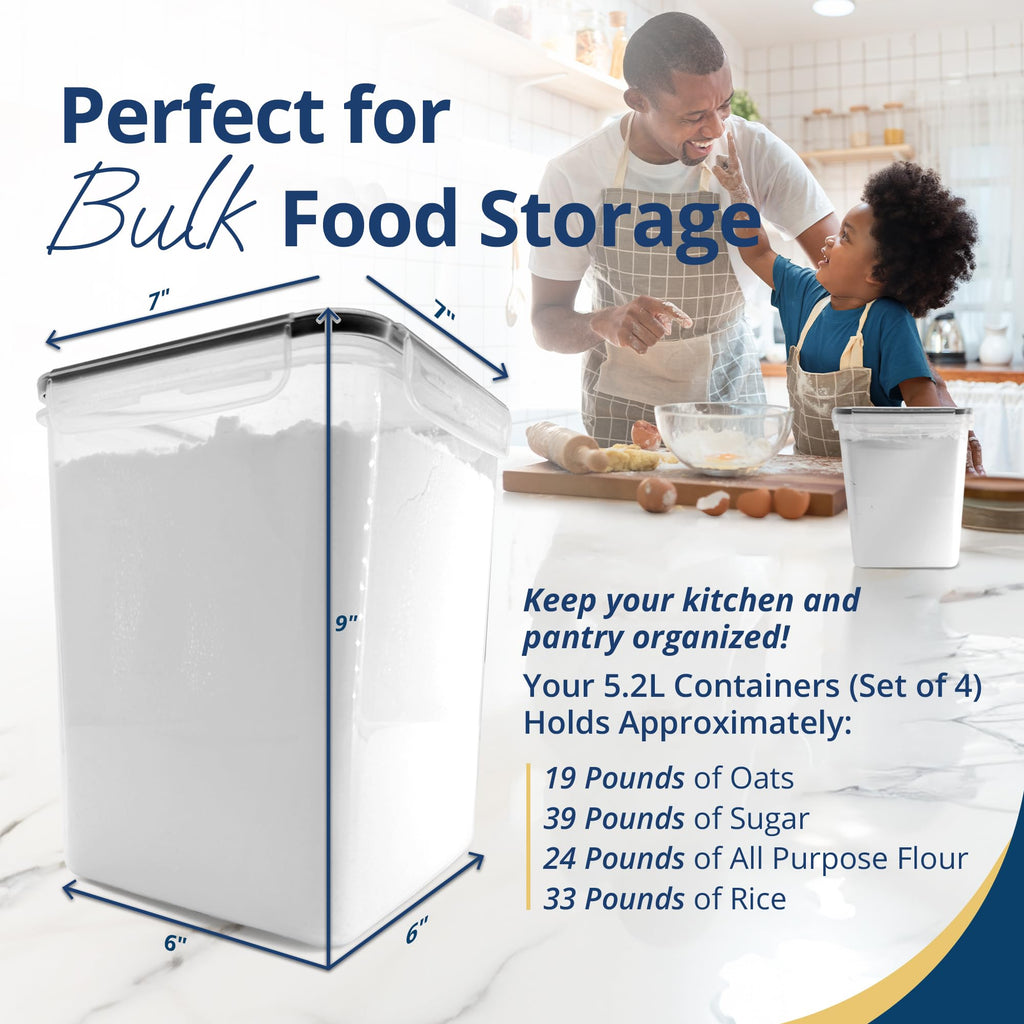Reli. 5.2L Airtight Food Storage Containers with Lids (4 Sets) | Kitchen Organizers and Storage Pantry Organizers | BPA Free Plastic Container Set w/ 4 Measuring Cups, Dough Scraper, 6 Labels, Pen