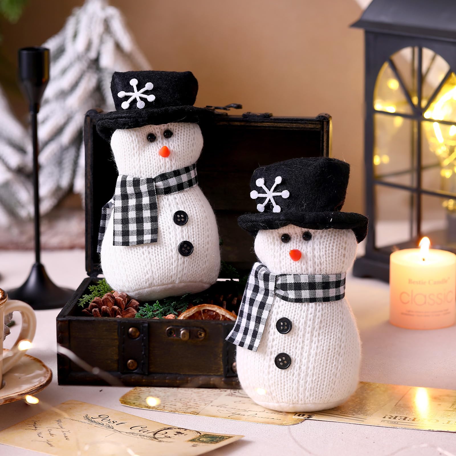 SmoothNovelty 2 Pcs Winter Snowman Plush Toys 6'' Snowman Figurines with Black and White Checkered Scarf Christmas Snow Man Table Centerpieces for Holiday Winter Home Table Fireplace Decor