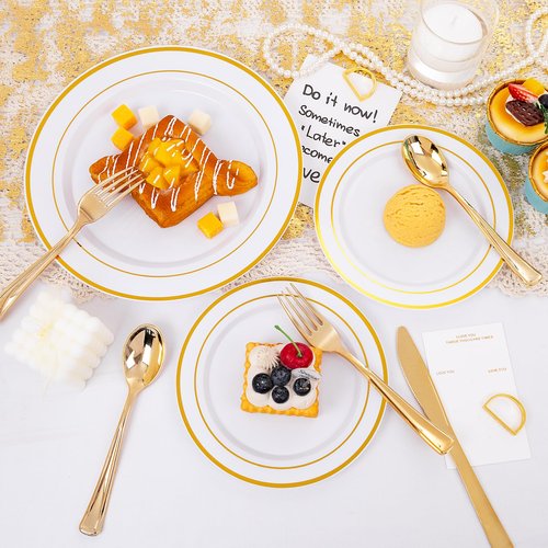I00000 600 Pcs Gold Plastic Plates for 100 Guests.Disposable Plates for Party,Plastic Dinnerware Set of 100 Dinner Plates,100 Salad Plates,400 Gold Silverware Set(100 Spoons,100 Knives,200 Forks).