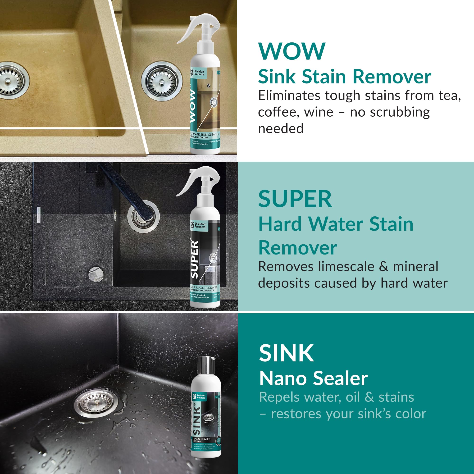 Shieldon Protects Sink Restorer Kit – 3-Step System: Heavy Duty Kitchen Sink Cleaner, Hard Water Stain Remover & Nano Sealer Protector for Granite Composite, Quartz, Porcelain & Ceramic Kitchen Sinks