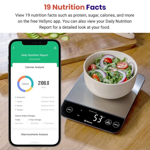 Etekcity Smart Food Nutrition Scale - Bluetooth Calorie Counter, Waterproof, 22lb Capacity, Stainless Steel