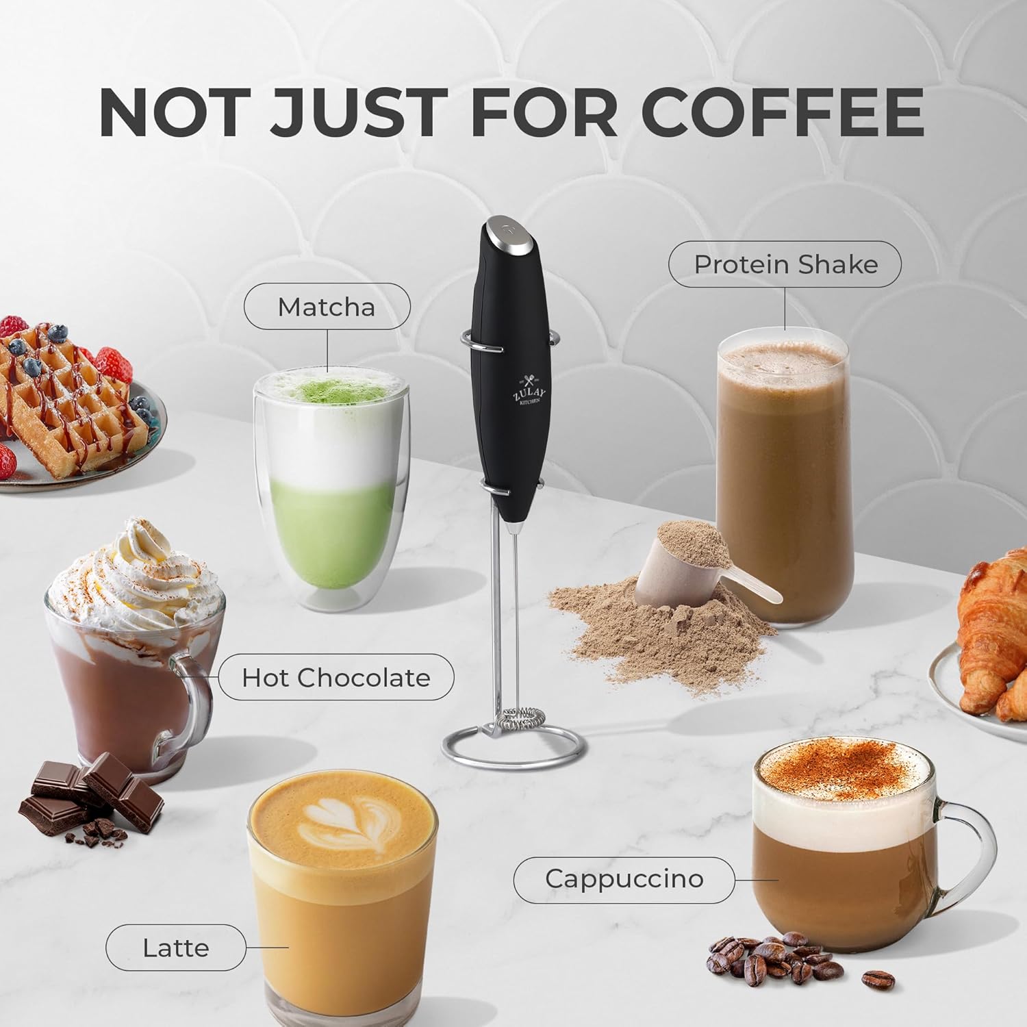 Zulay Kitchen Milk Frother Wand - Ultra-Fast Handheld Electric Whisk for Coffee & Lattes - Black