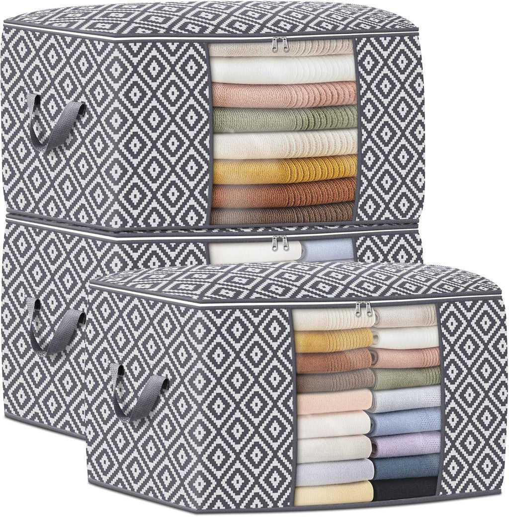 StorageTastic 100L Storage Containers - 3 Pack Foldable Bins with Reinforced Handles | Clear Window for Bedding & Clothing - Grey