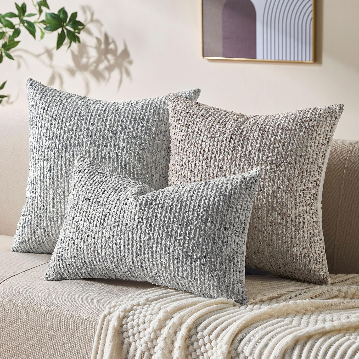 Allorry Decorative Lumbar Pillow Cover 12x20 Blue Striped Soft Wool Lumbar Throw Pillow Neutral Textured Boho Cushion Covers for Modern Farmhouse Sofa Bedroom Living Room Decor SY011-C12