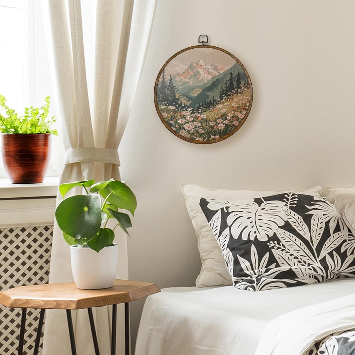 Qskjre Boho Wall Art - Vintage Mountain Flower Landscape Canvas Print | 10x10in Round Wood Framed Decor