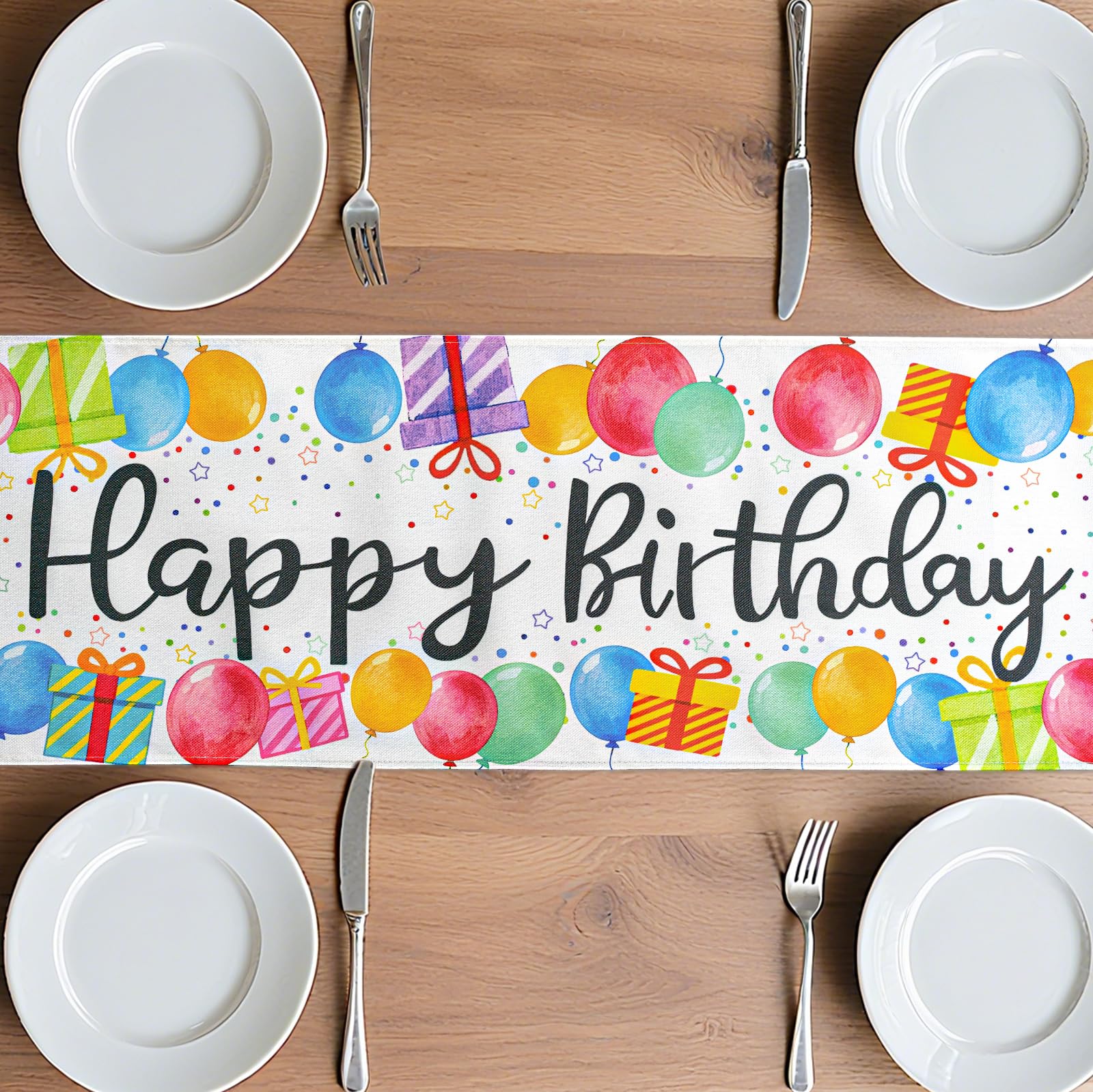 White Happy Birthday Table Runner, Colorful Balloon Kitchen Dining Table Decoration Festive Balloon Design for Birthday Party Decor 13x72 Inch