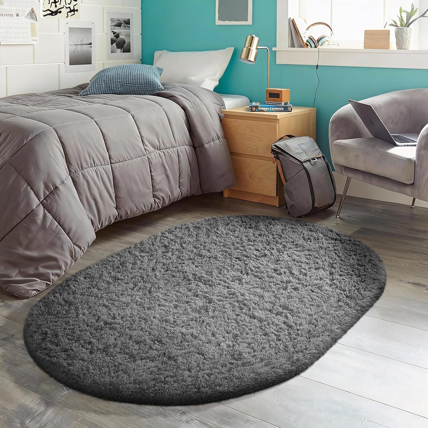 Ophanie Grey Oval Area Rug - Plush Soft Shaggy Carpet for Bedroom & Living Room | 3x5 Feet